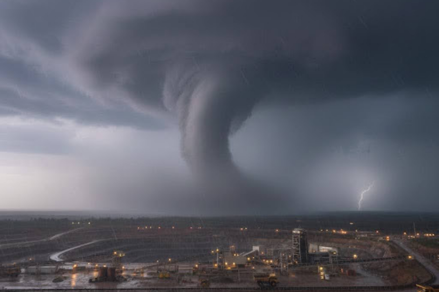 Storm clouds and lightning over a mine site, illustrating hidden structural risks before cyclone season.