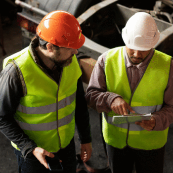 Two workers in vests and hard hats review an inspection report near a truck.