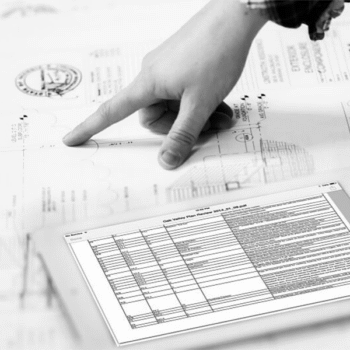 3rd Party Design Review: Hand points to architectural plans and a digital review document.