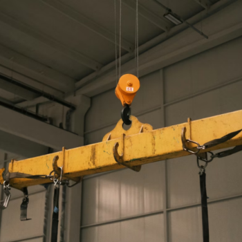 Lifting Beams and Lugs: Engineering the Critical Connection Points Yenem Structural Engineers Yellow lifting beams suspended by a crane in a warehouse setting.