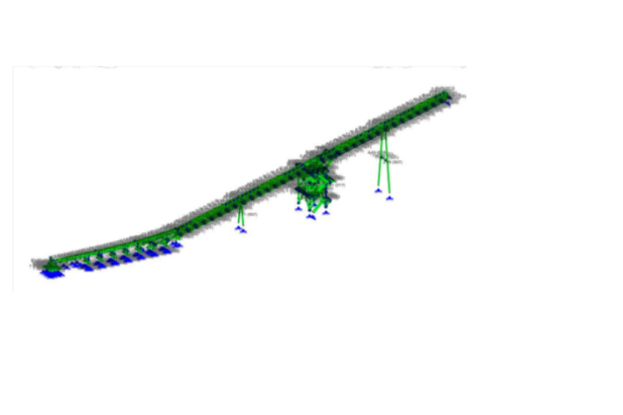 Materials Handling Infrastructure: Conveyor System Structural Verification Yenem Structural Engineers 3D digital model of a materials handling facility showing a structural stress analysis.