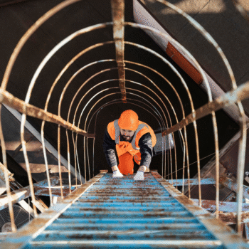 Structural installation worker inspecting steel framework in tunnel.