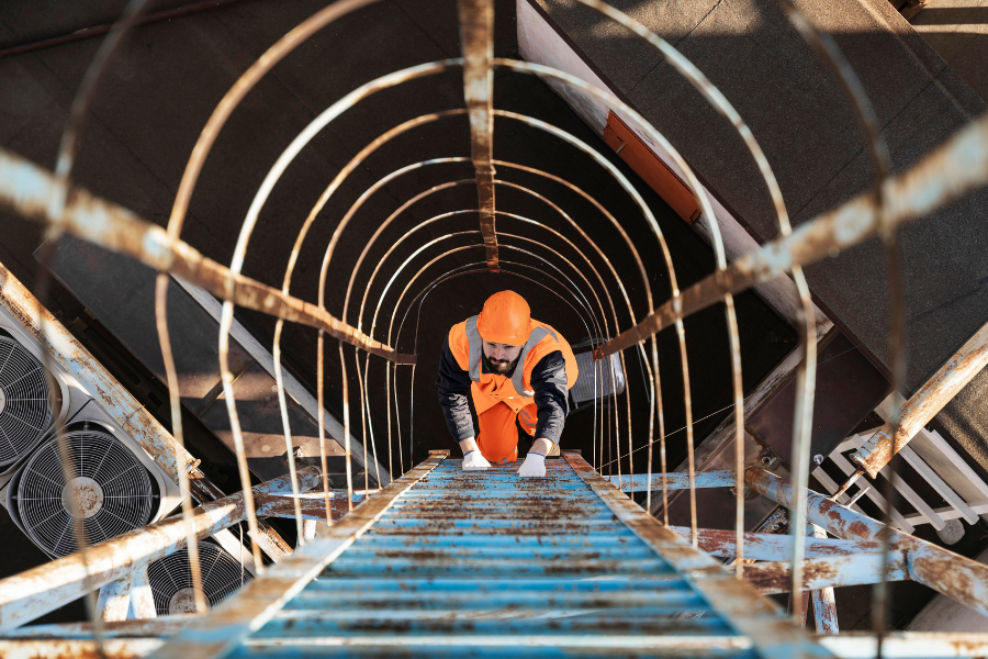 Structural installation worker inspecting steel framework in tunnel.