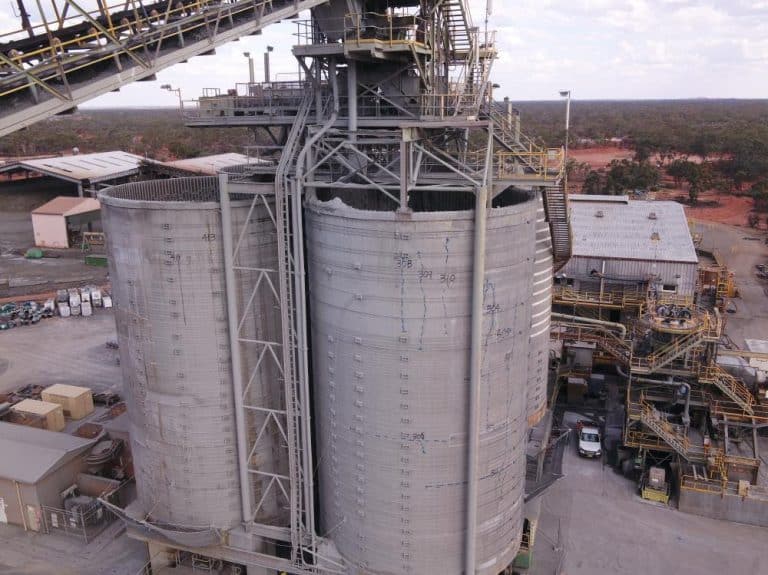 Drone inspection being carried out on a large industrial bin on a mine site in Western Australia