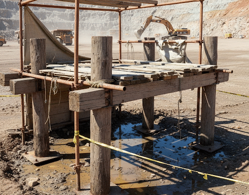 Before Cyclone Season Lands: The Hidden Structural Risks on Your Mine Site Yenem Structural Engineers Makeshift wooden platform in a mine site, highlighting potential structural risks before cyclone season.
