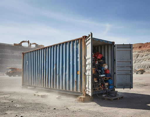 Before Cyclone Season Lands: The Hidden Structural Risks on Your Mine Site Yenem Structural Engineers Shipping container filled with mining equipment at a mine site, highlighting potential structural risks.