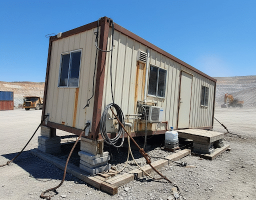 Before Cyclone Season Lands: The Hidden Structural Risks on Your Mine Site Yenem Structural Engineers Mine site office trailer elevated on blocks, secured with cables, highlighting potential structural risks.