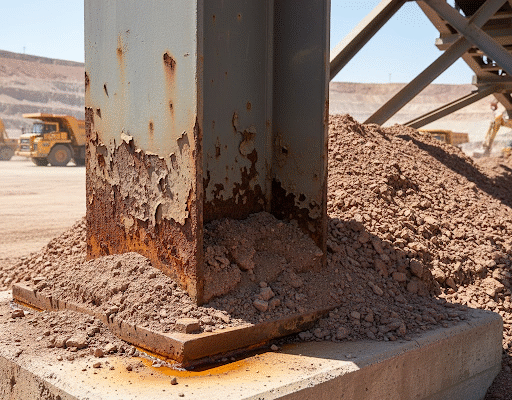 Before Cyclone Season Lands: The Hidden Structural Risks on Your Mine Site Yenem Structural Engineers Rusty steel support beam on a concrete base at a mine site, highlighting potential structural risks.