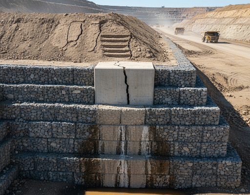 Before Cyclone Season Lands: The Hidden Structural Risks on Your Mine Site Yenem Structural Engineers Gabion wall with a cracked concrete structure, highlighting potential structural risks on a mine site.