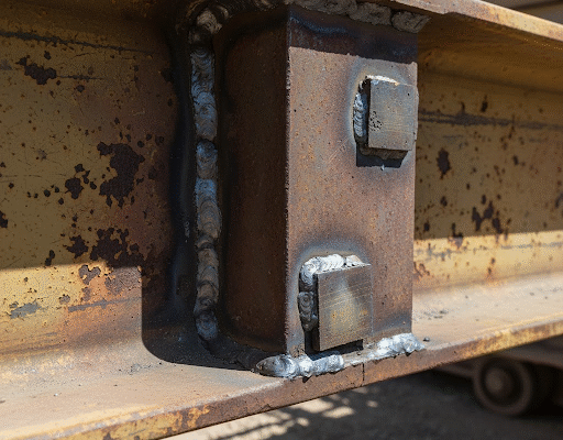Before Cyclone Season Lands: The Hidden Structural Risks on Your Mine Site Yenem Structural Engineers Welded steel beam with added supports, highlighting potential structural risks.