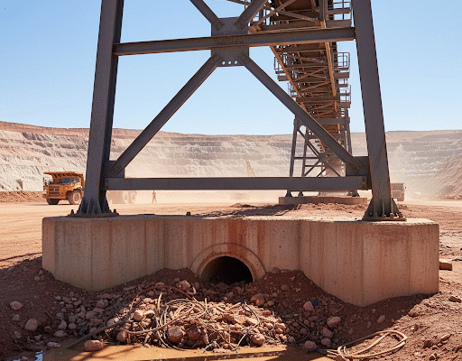 Before Cyclone Season Lands: The Hidden Structural Risks on Your Mine Site Yenem Structural Engineers Mine site conveyor support structure with drainage pipe, highlighting potential structural risks before cyclone season.